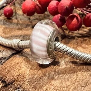 Glass Murano-Style Pink Stripe Charm Bead for Bracelet